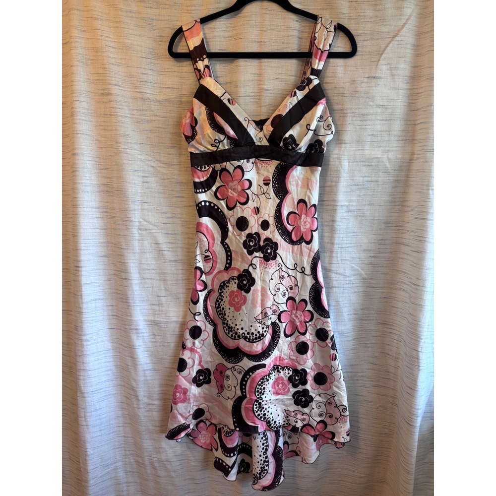 A. Byer Pink Black Floral High Low V-Neck Sleeveless Dress Size 11 Y2K Retro
